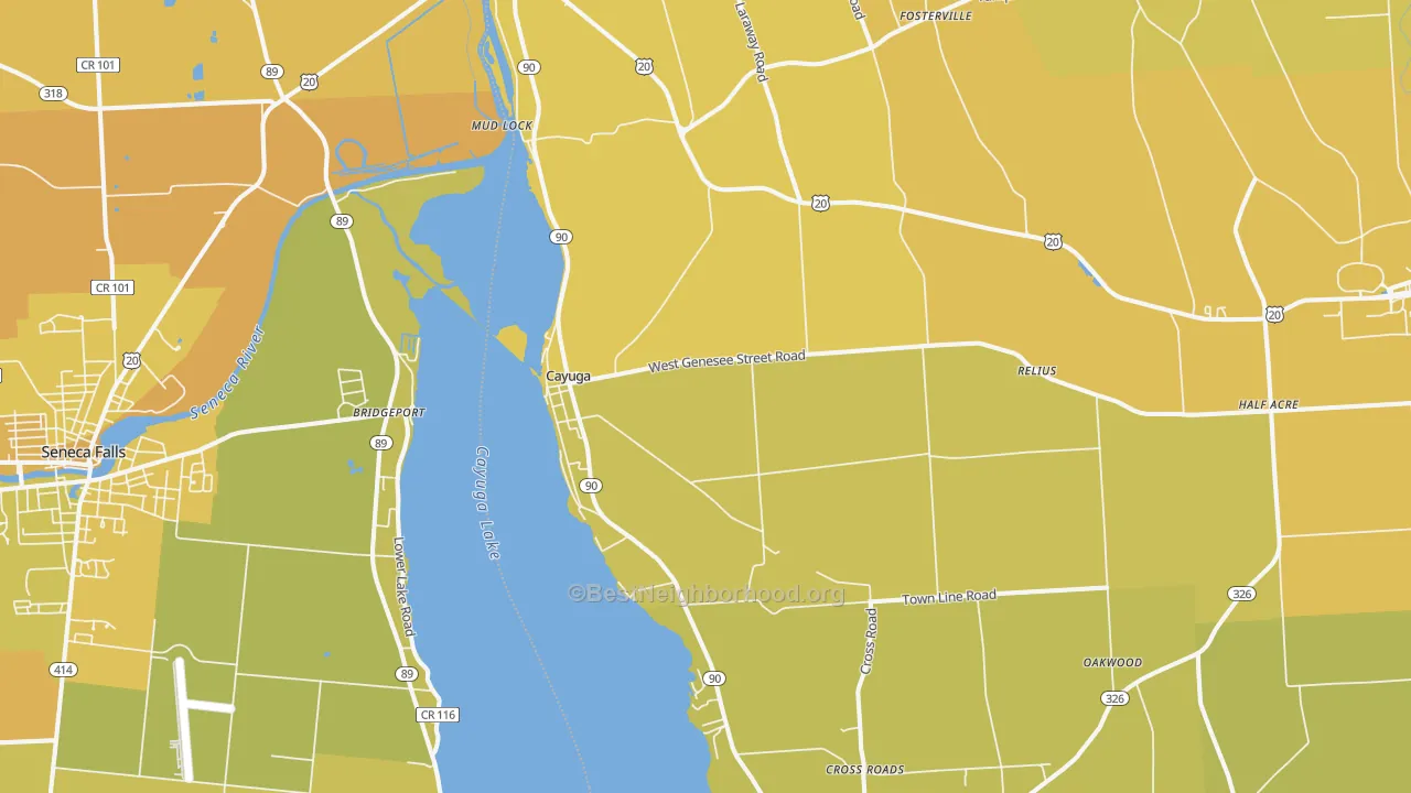Map of the best neighborhoods in the 13034 area, with better matches in green and worse matches in red