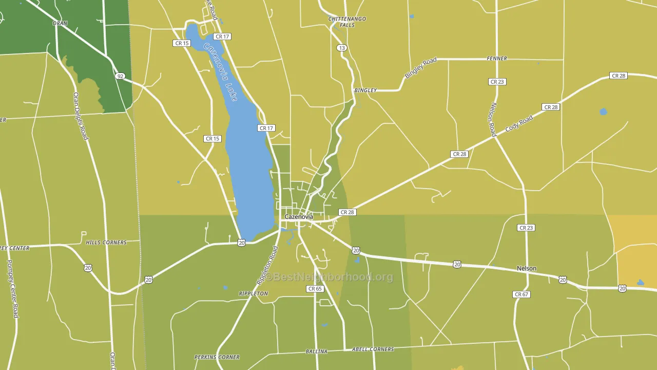 Map of the best neighborhoods in the 13035 area, with better matches in green and worse matches in red