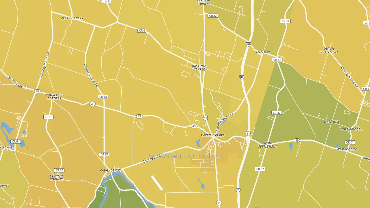 Map of the best neighborhoods in the 13036 area, with better matches in green and worse matches in red