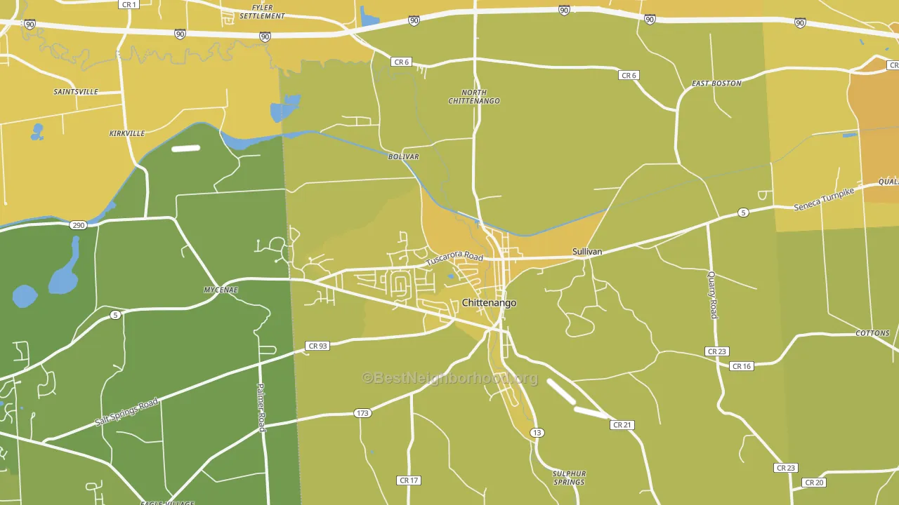 Map of the best neighborhoods in the 13037 area, with better matches in green and worse matches in red