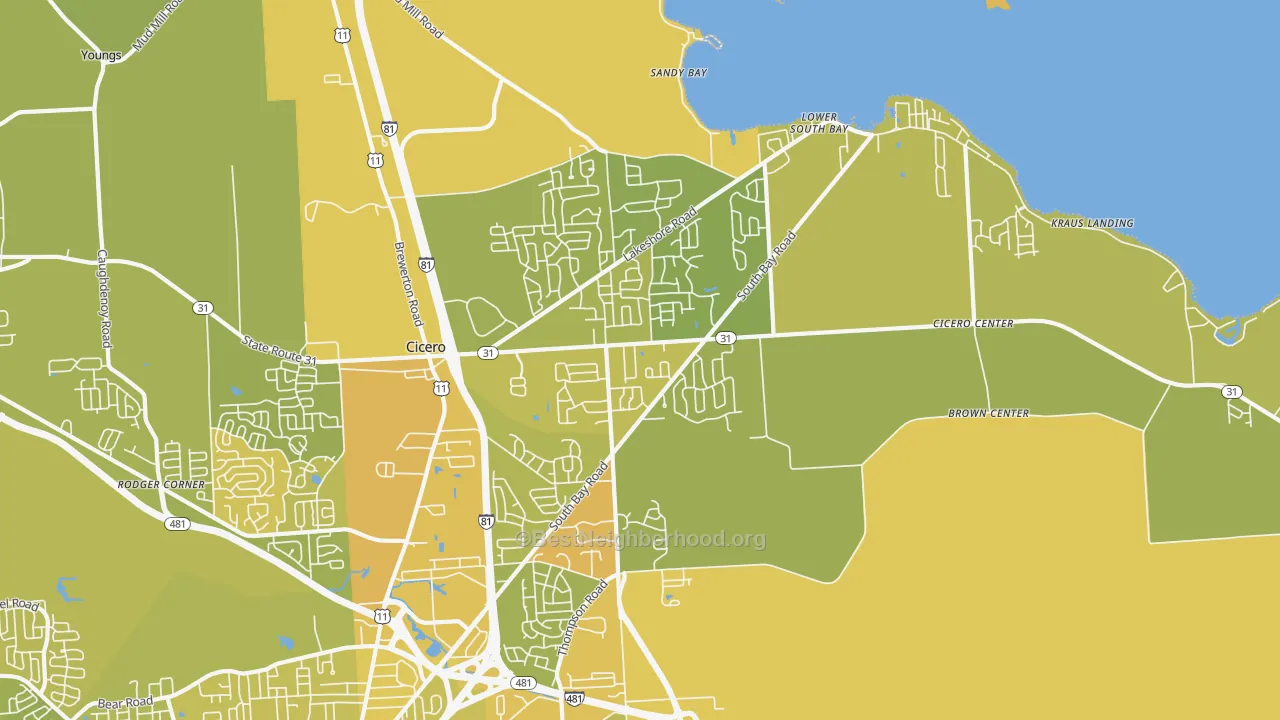 Map of the best neighborhoods in the 13039 area, with better matches in green and worse matches in red