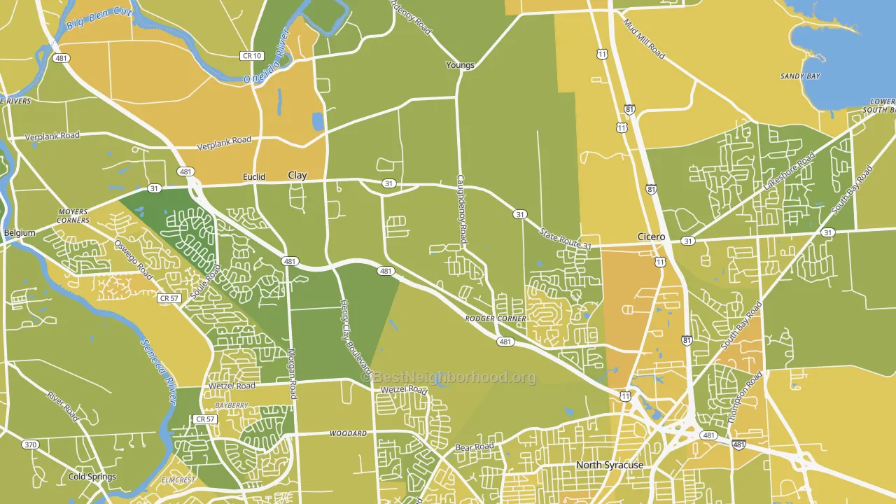 Map of the best neighborhoods in the 13041 area, with better matches in green and worse matches in red