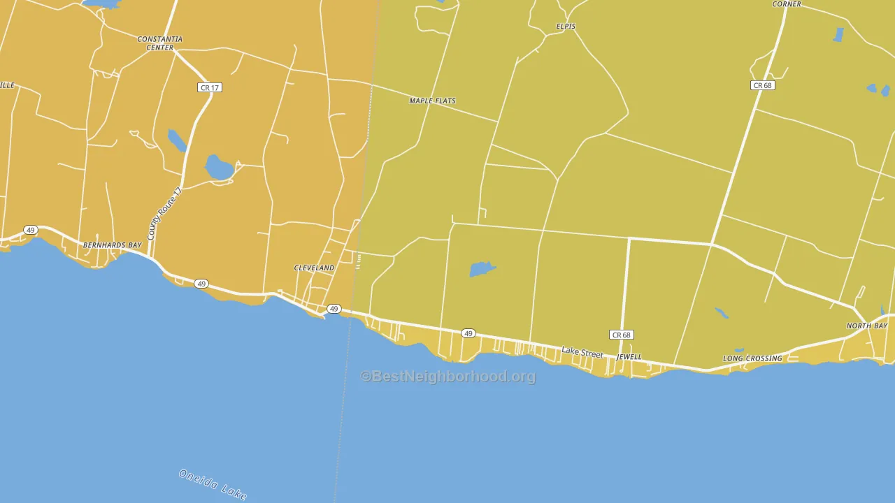 Map of the best neighborhoods in the 13042 area, with better matches in green and worse matches in red