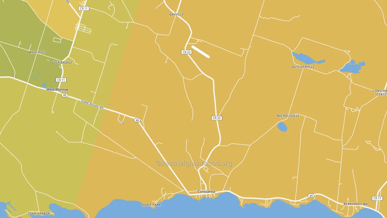 Map of the best neighborhoods in the 13044 area, with better matches in green and worse matches in red