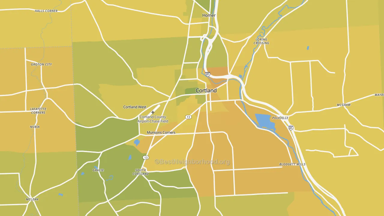 Map of the best neighborhoods in the 13045 area, with better matches in green and worse matches in red