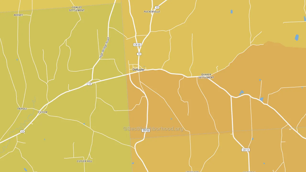 Map of the best neighborhoods in the 13052 area, with better matches in green and worse matches in red