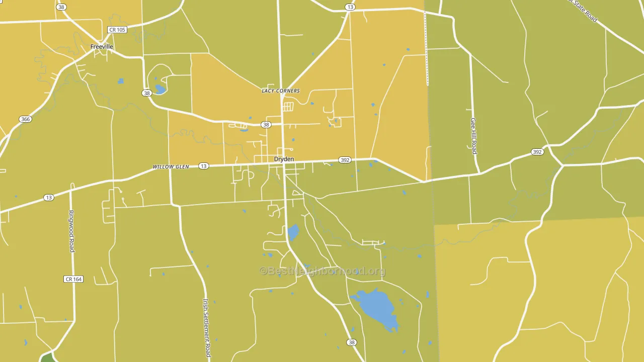 Map of the best neighborhoods in the 13053 area, with better matches in green and worse matches in red