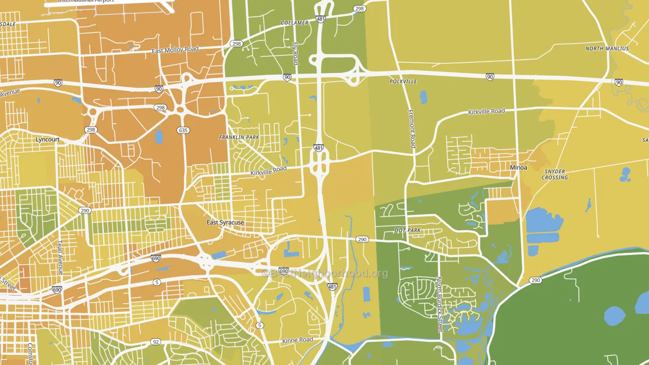 Map of the best neighborhoods in the 13057 area, with better matches in green and worse matches in red