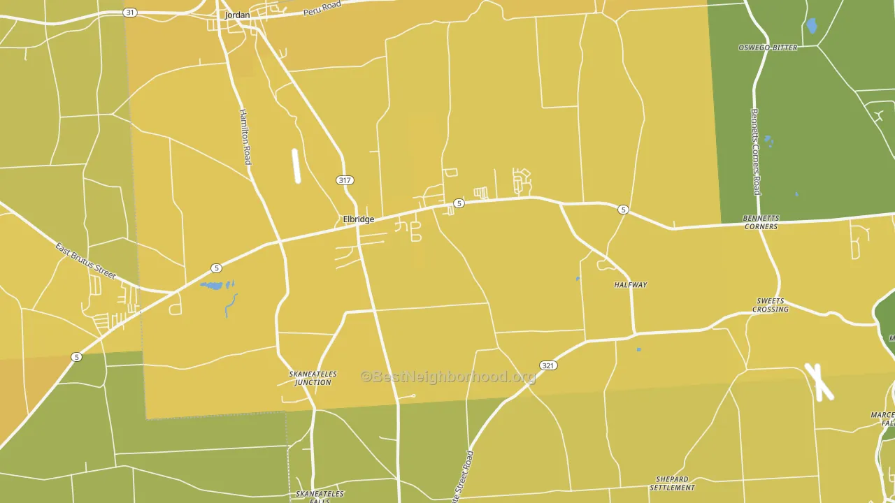 Map of the best neighborhoods in the 13060 area, with better matches in green and worse matches in red