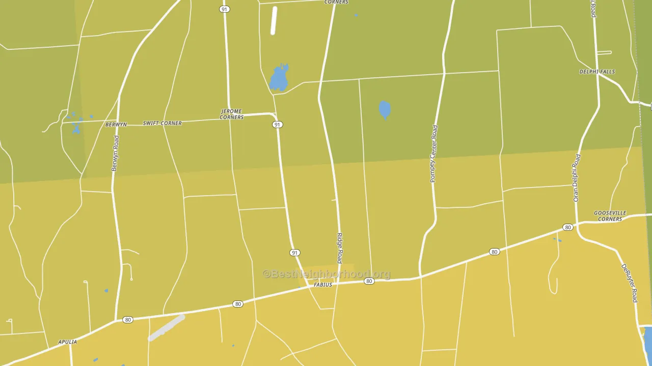 Map of the best neighborhoods in the 13063 area, with better matches in green and worse matches in red