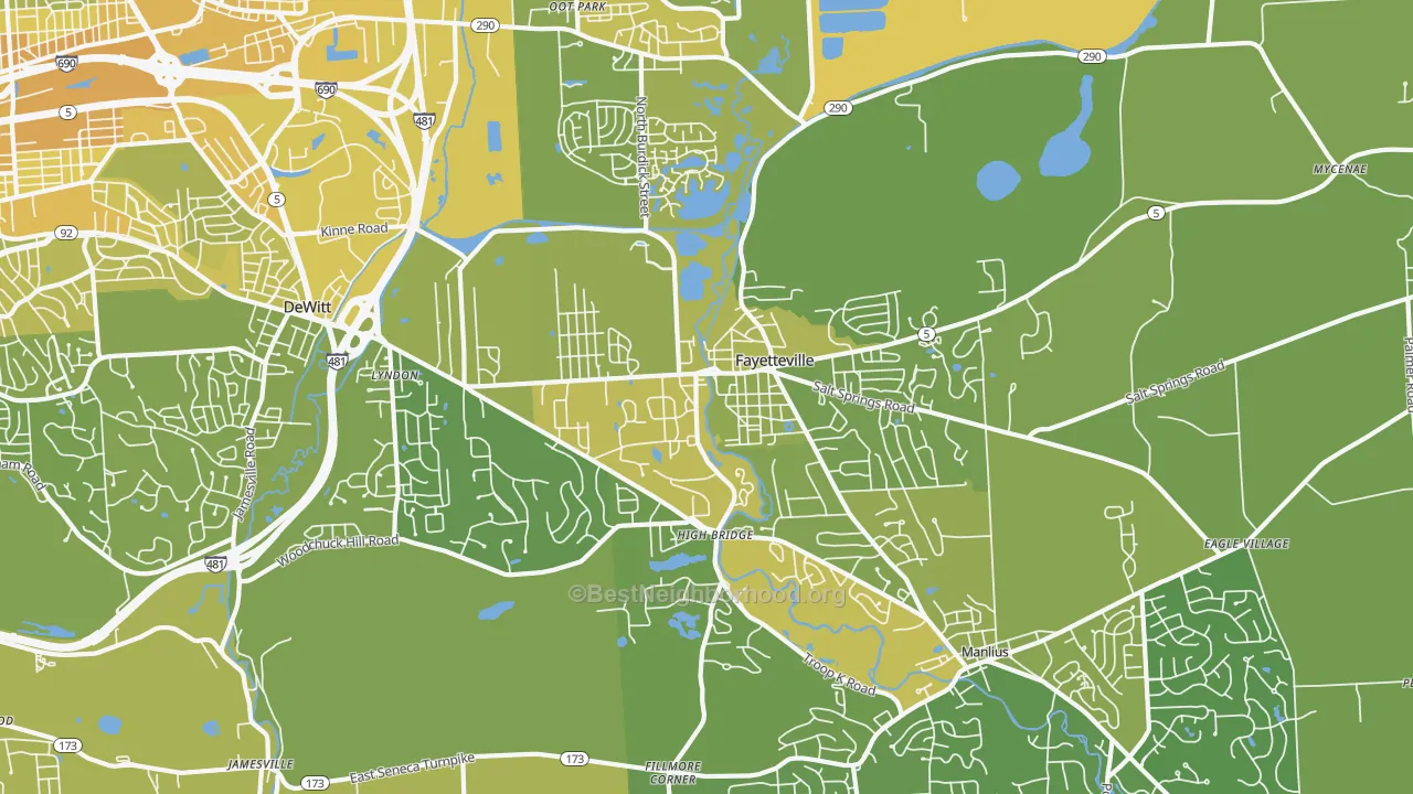 Map of the best neighborhoods in the 13066 area, with better matches in green and worse matches in red