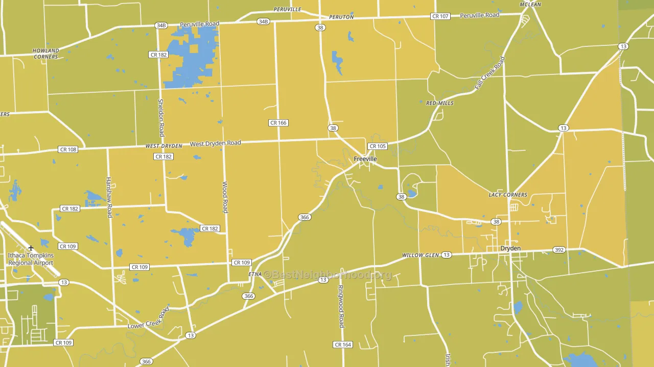 Map of the best neighborhoods in the 13068 area, with better matches in green and worse matches in red