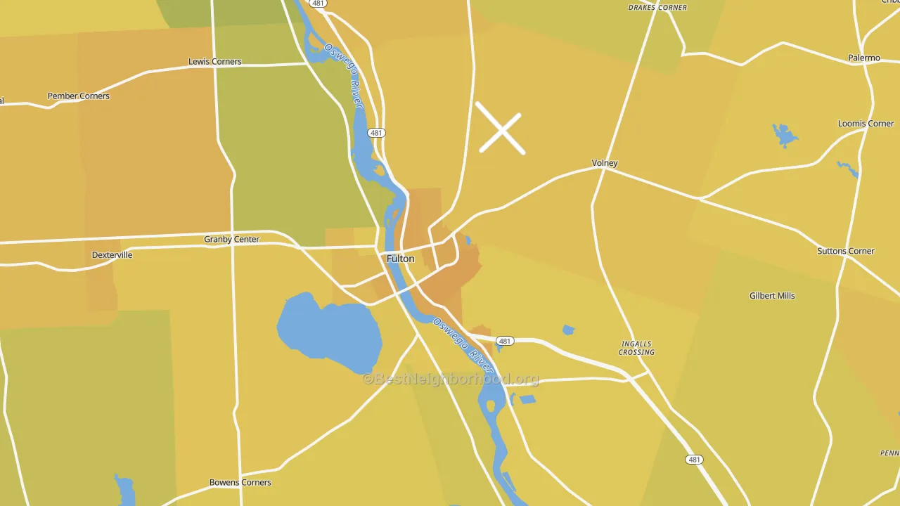 Map of the best neighborhoods in the 13069 area, with better matches in green and worse matches in red