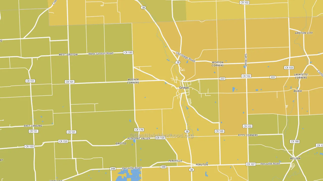 Map of the best neighborhoods in the 13073 area, with better matches in green and worse matches in red