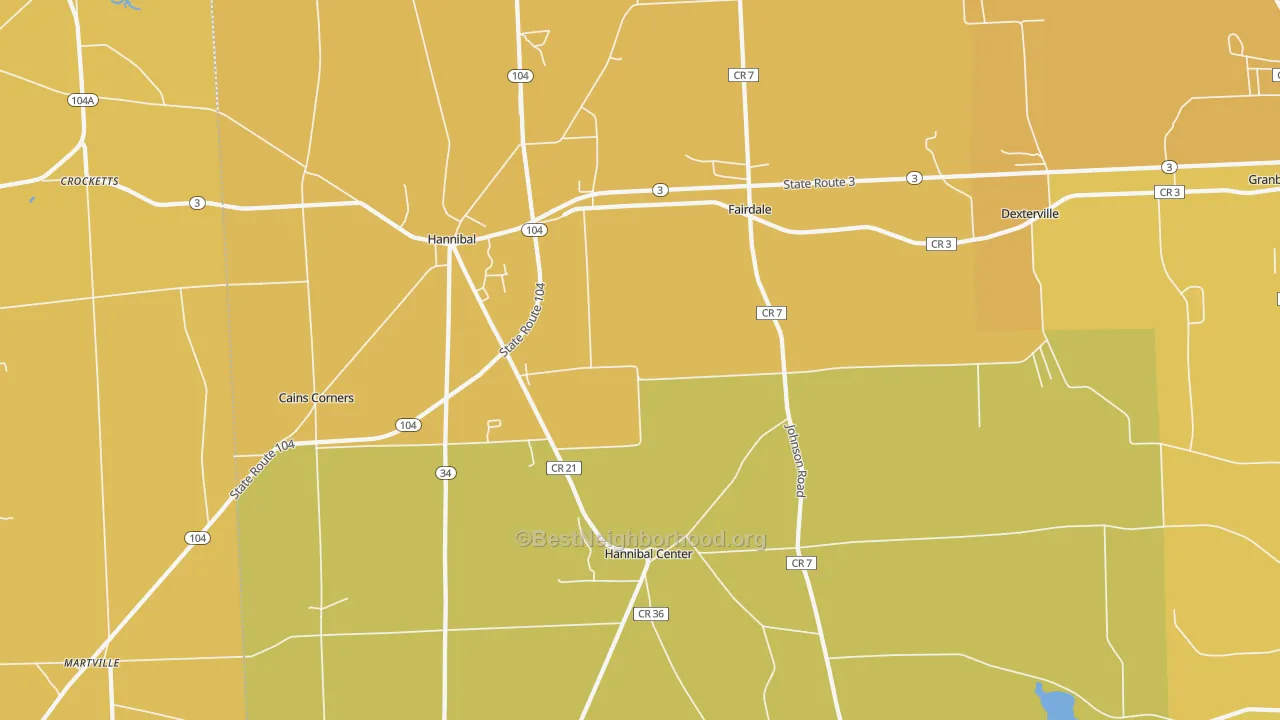 Map of the best neighborhoods in the 13074 area, with better matches in green and worse matches in red