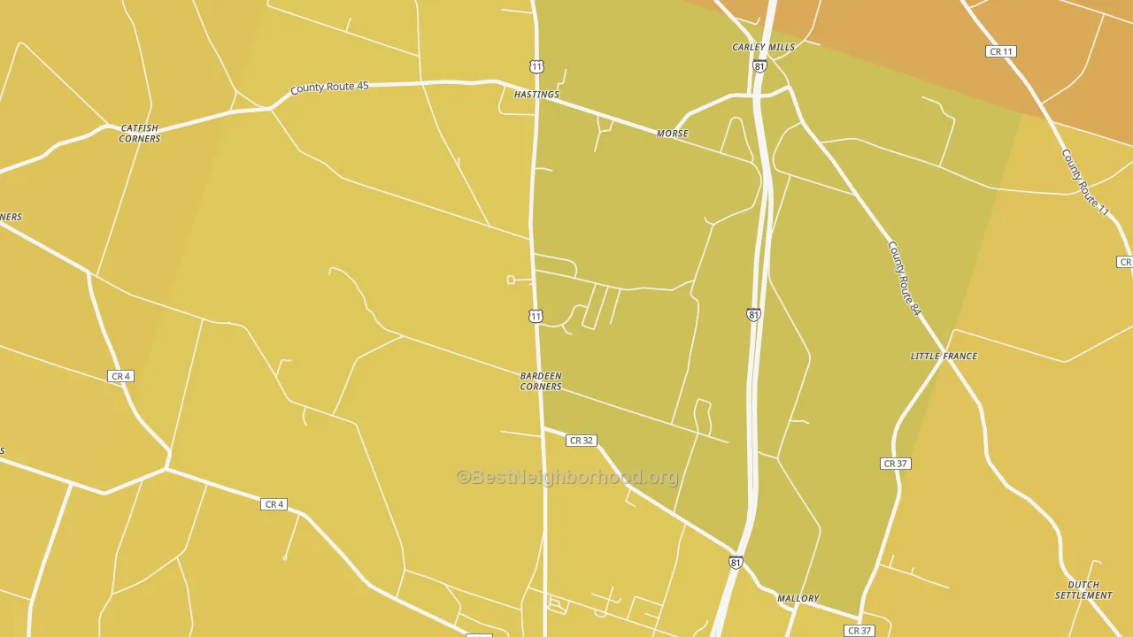 Map of the best neighborhoods in the 13076 area, with better matches in green and worse matches in red