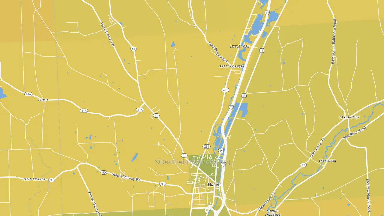 Map of the best neighborhoods in the 13077 area, with better matches in green and worse matches in red