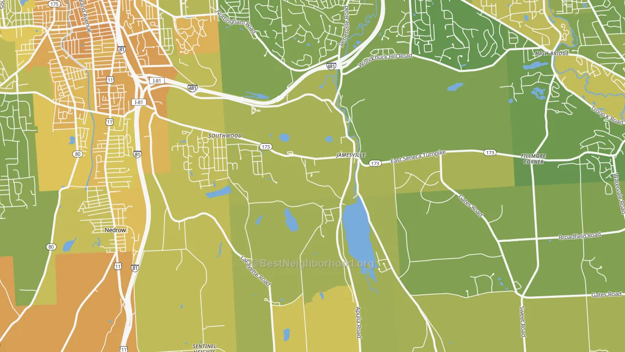 Map of the best neighborhoods in the 13078 area, with better matches in green and worse matches in red