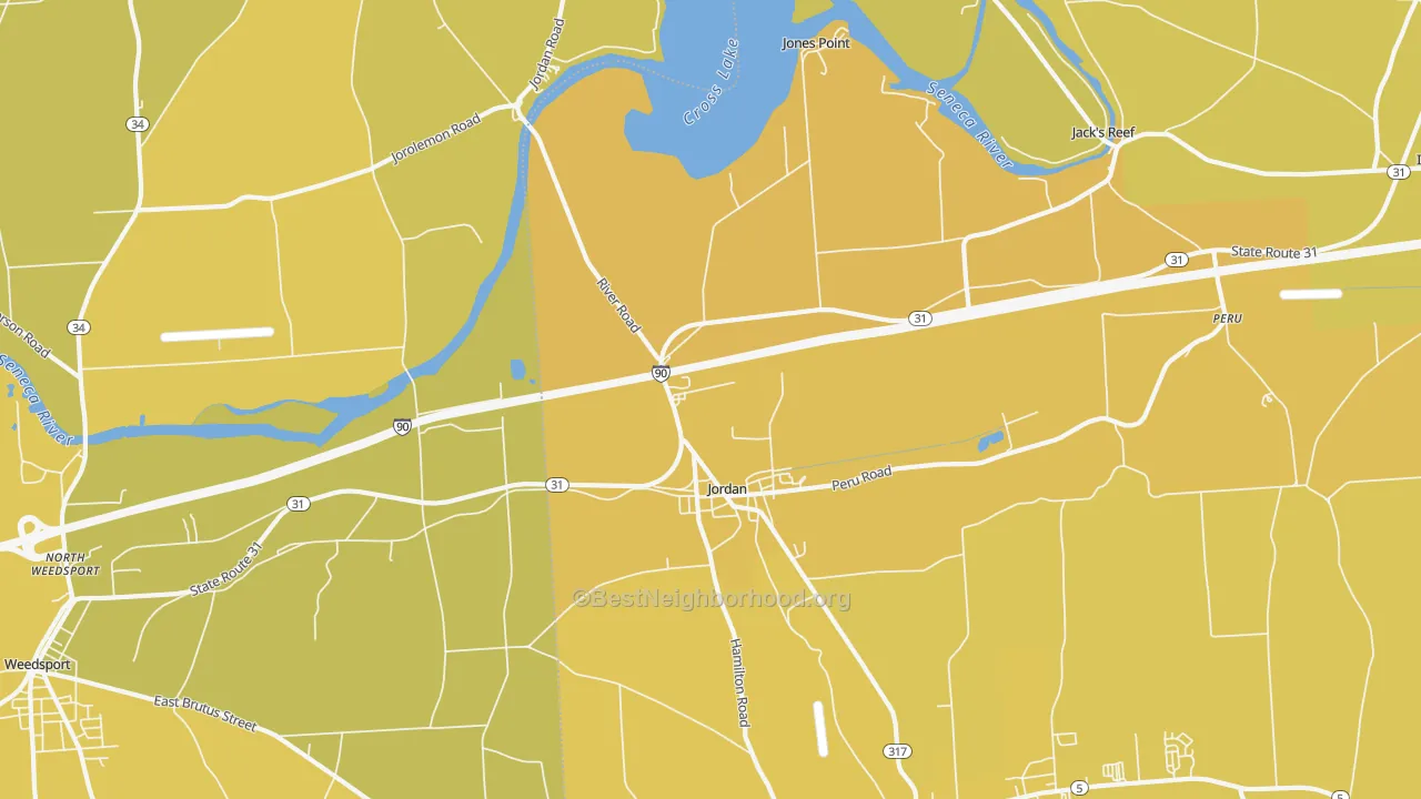 Map of the best neighborhoods in the 13080 area, with better matches in green and worse matches in red