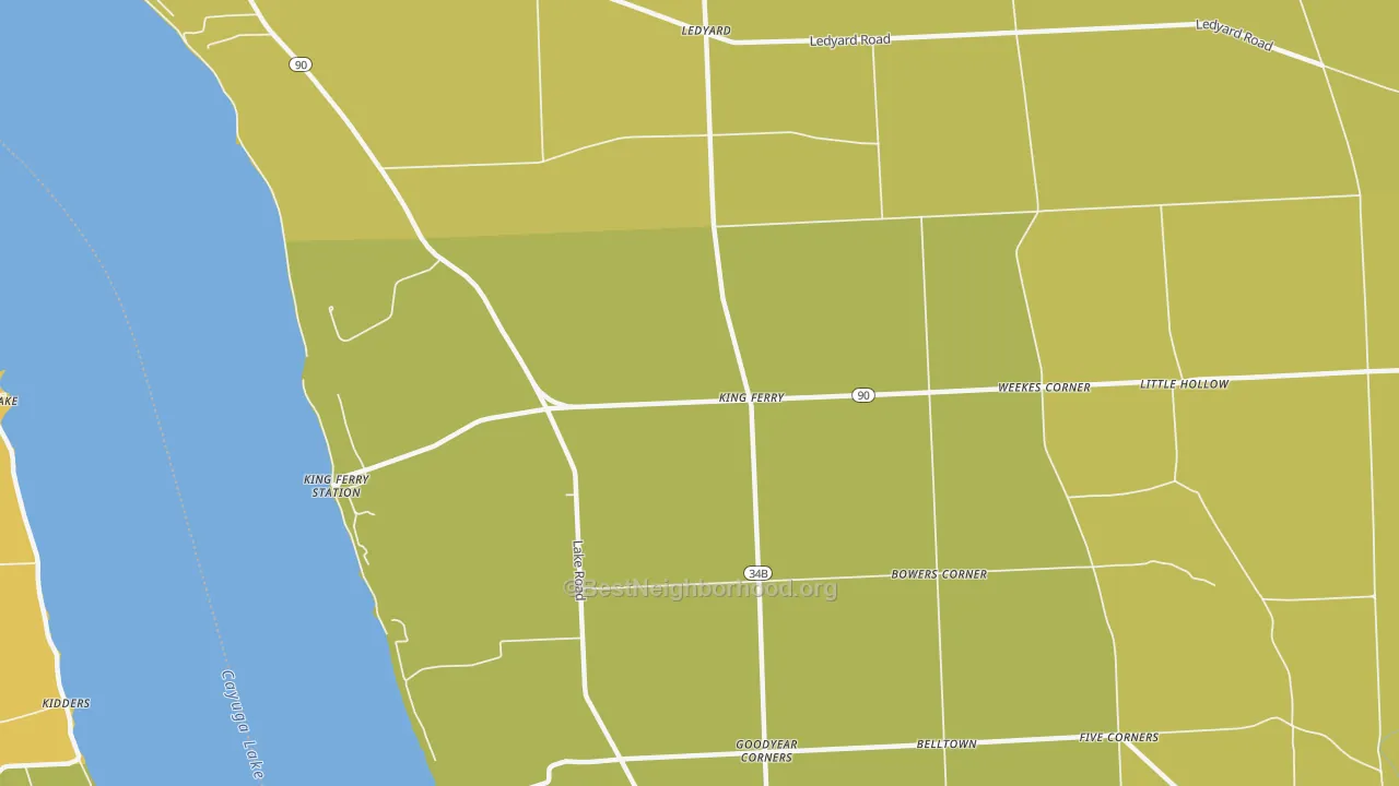 Map of the best neighborhoods in the 13081 area, with better matches in green and worse matches in red