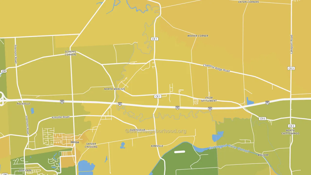 Map of the best neighborhoods in the 13082 area, with better matches in green and worse matches in red