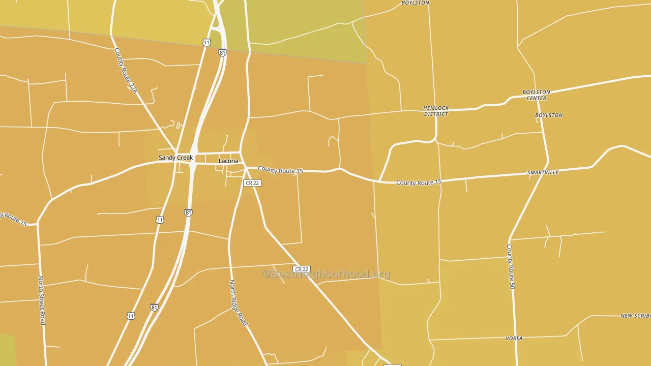 Map of the best neighborhoods in the 13083 area, with better matches in green and worse matches in red