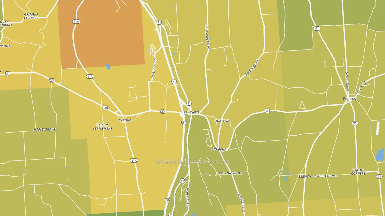 Map of the best neighborhoods in the 13084 area, with better matches in green and worse matches in red
