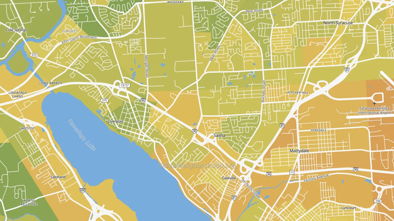 Map of the best neighborhoods in the 13088 area, with better matches in green and worse matches in red