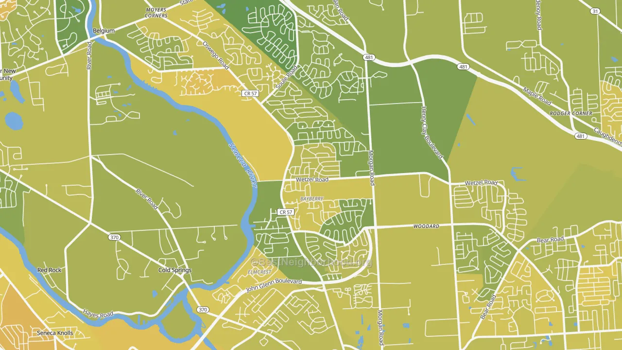 Map of the best neighborhoods in the 13090 area, with better matches in green and worse matches in red
