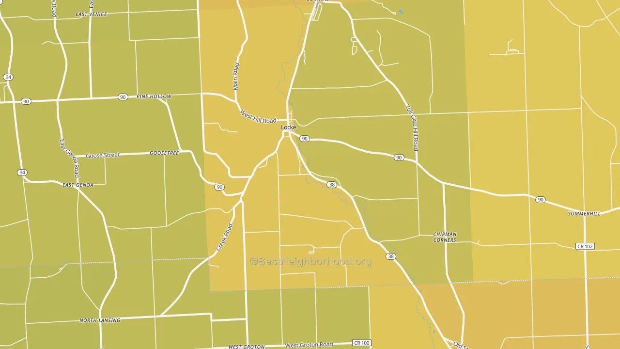 Map of the best neighborhoods in the 13092 area, with better matches in green and worse matches in red