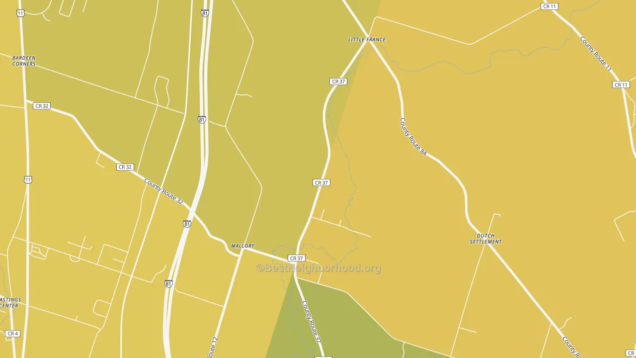Map of the best neighborhoods in the 13103 area, with better matches in green and worse matches in red