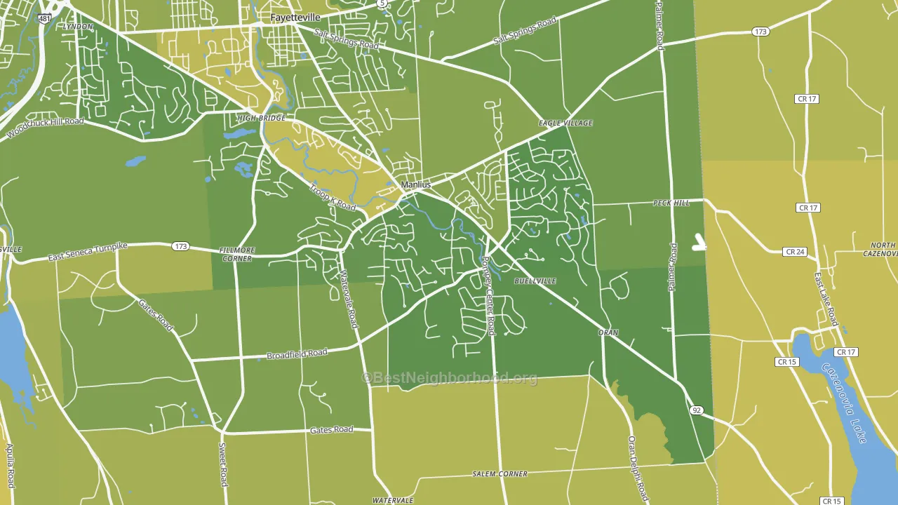 Map of the best neighborhoods in the 13104 area, with better matches in green and worse matches in red