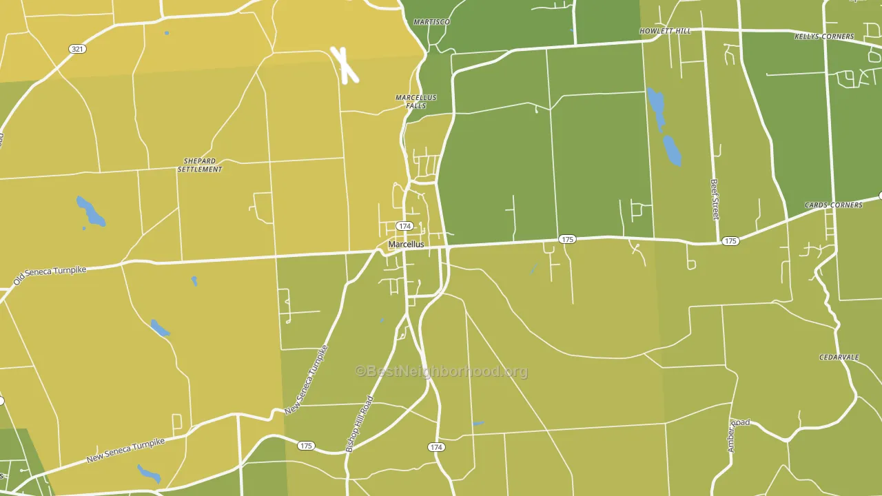 Map of the best neighborhoods in the 13108 area, with better matches in green and worse matches in red