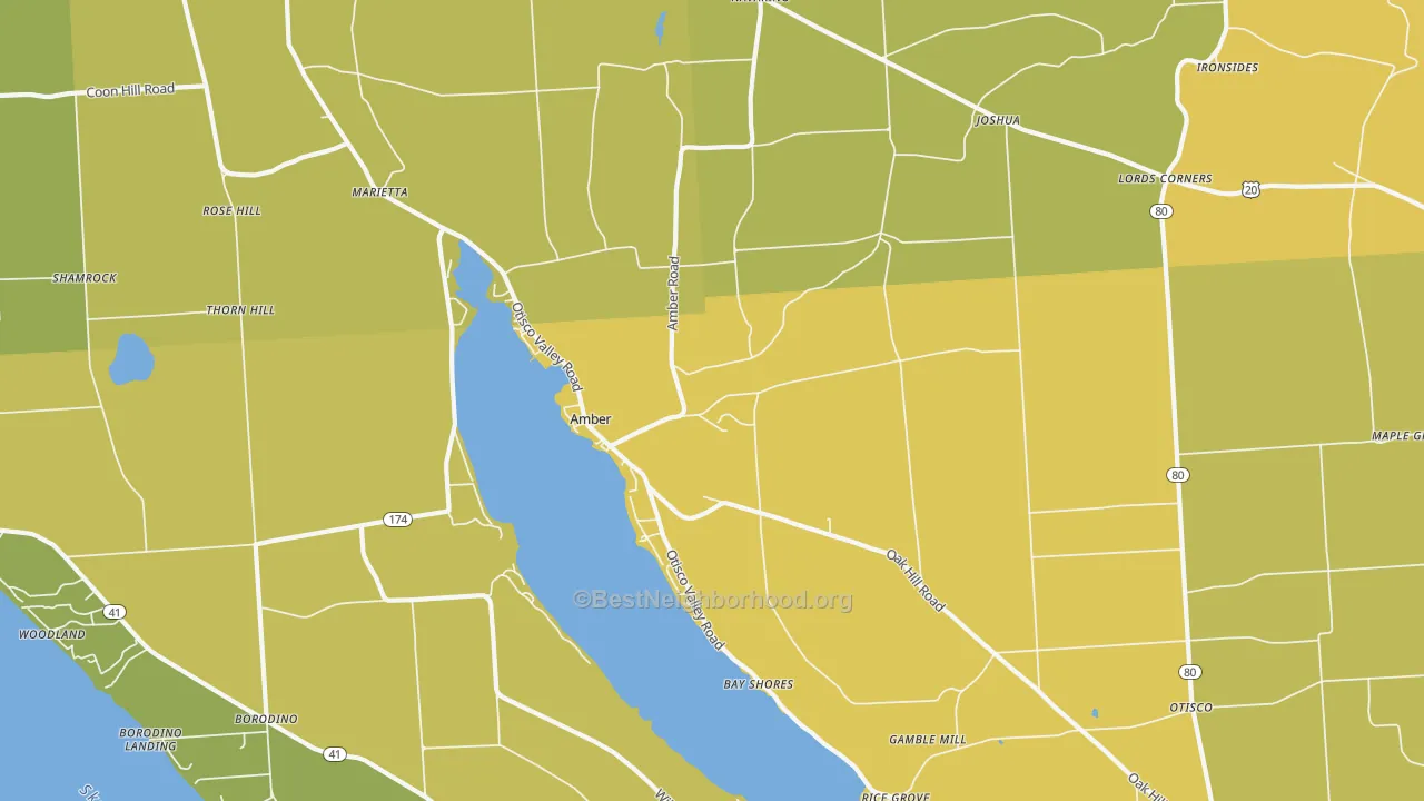 Map of the best neighborhoods in the 13110 area, with better matches in green and worse matches in red