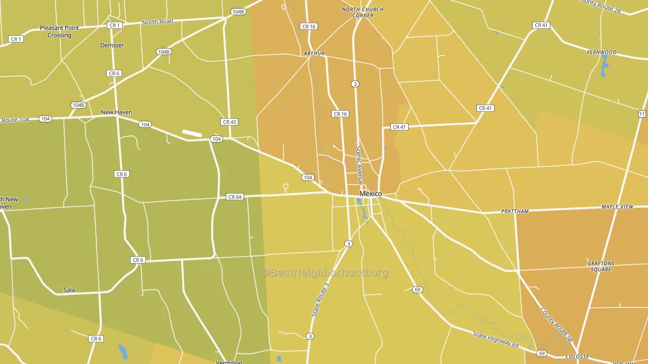 Map of the best neighborhoods in the 13114 area, with better matches in green and worse matches in red