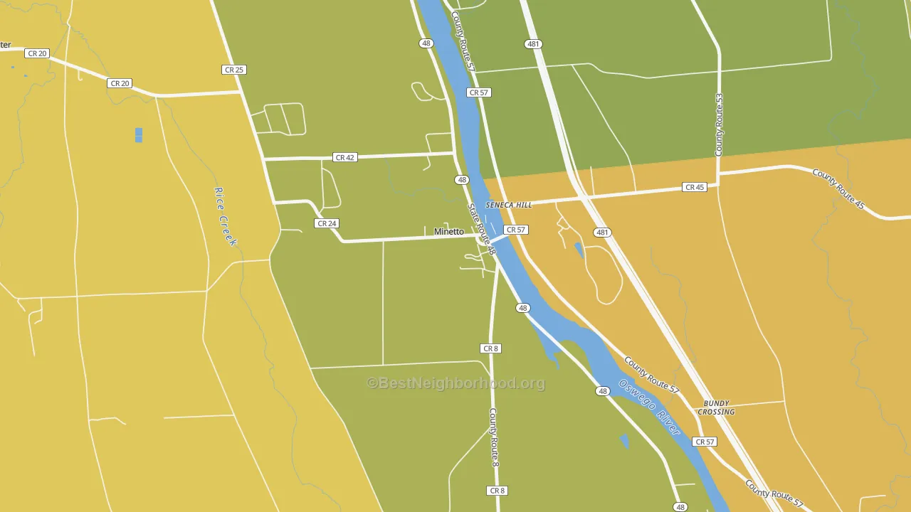 Map of the best neighborhoods in the 13115 area, with better matches in green and worse matches in red