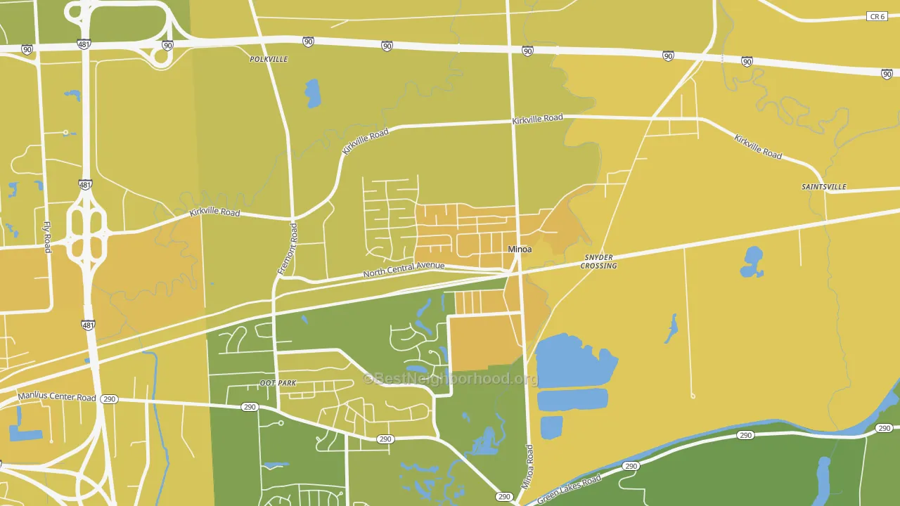Map of the best neighborhoods in the 13116 area, with better matches in green and worse matches in red