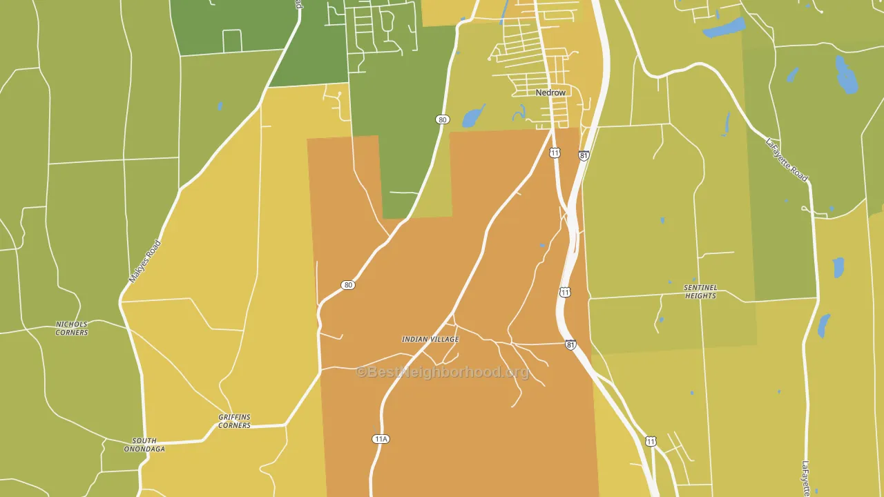 Map of the best neighborhoods in the 13120 area, with better matches in green and worse matches in red