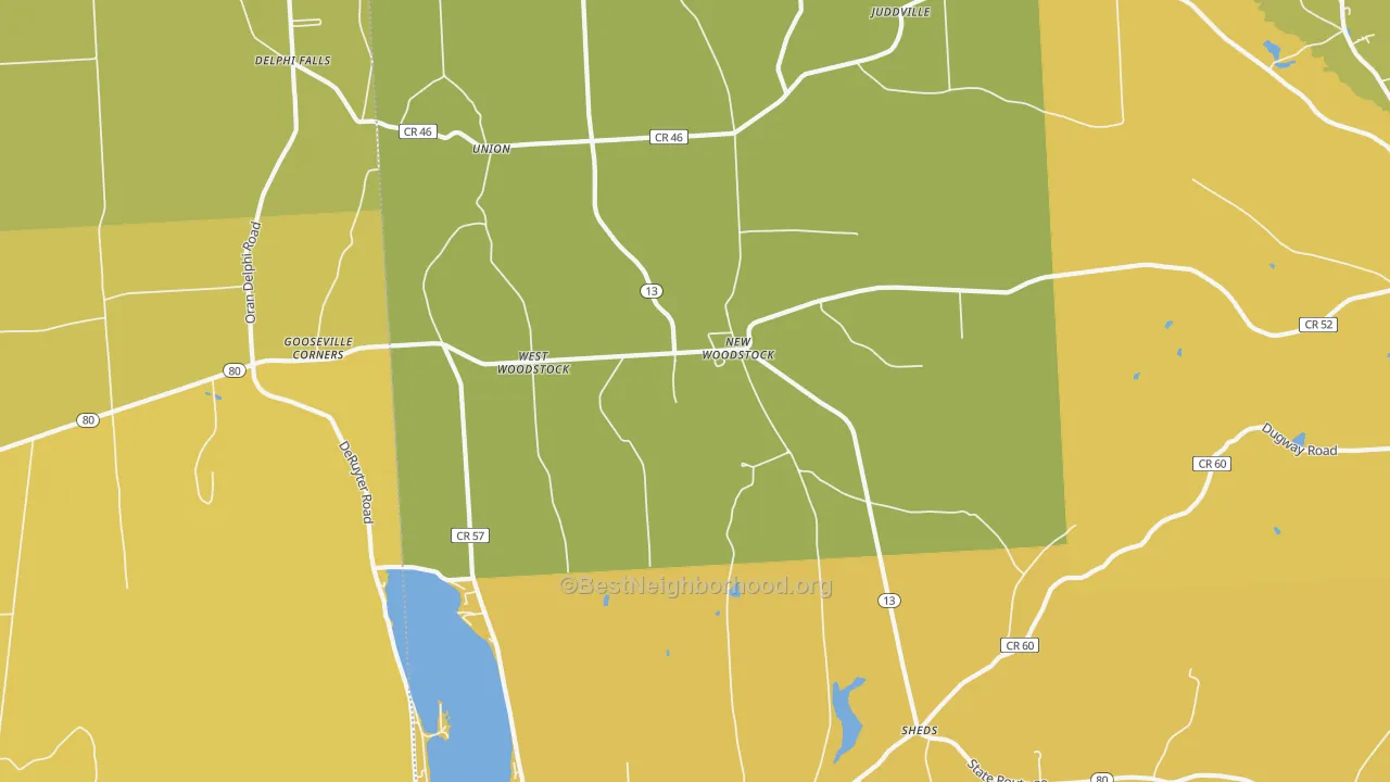 Map of the best neighborhoods in the 13122 area, with better matches in green and worse matches in red