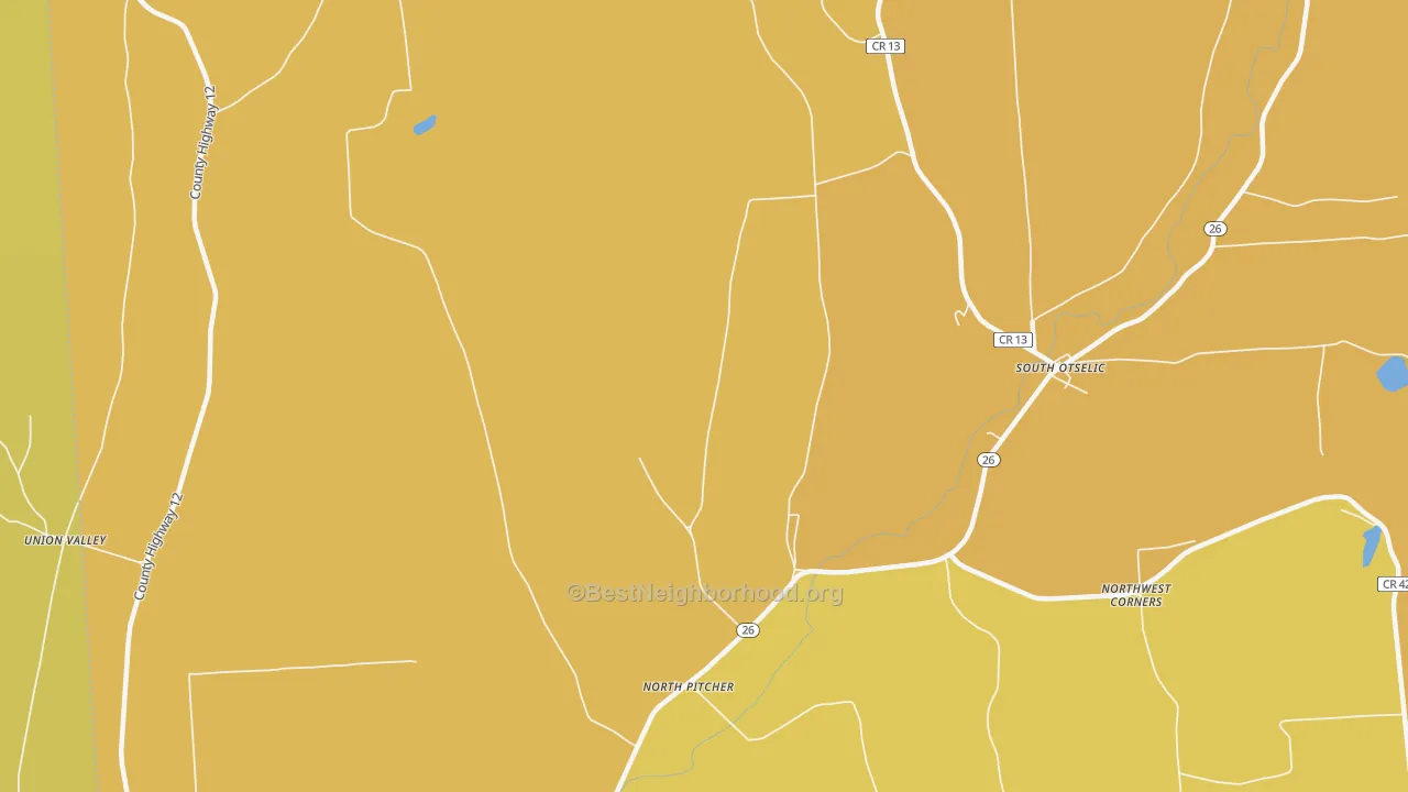 Map of the best neighborhoods in the 13124 area, with better matches in green and worse matches in red