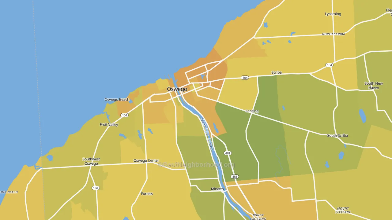 Map of the best neighborhoods in the 13126 area, with better matches in green and worse matches in red