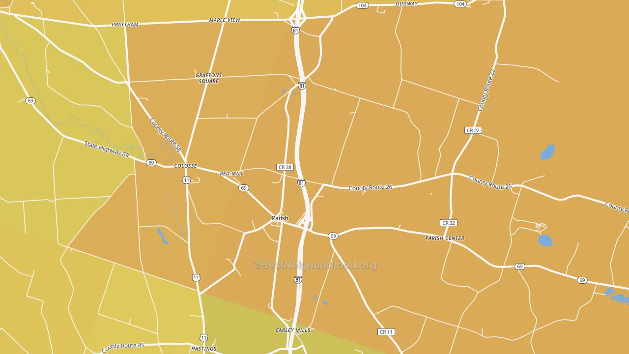 Map of the best neighborhoods in the 13131 area, with better matches in green and worse matches in red