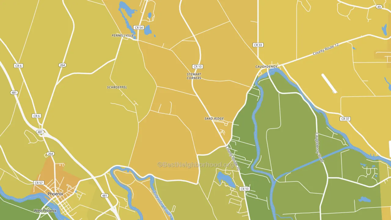 Map of the best neighborhoods in the 13132 area, with better matches in green and worse matches in red