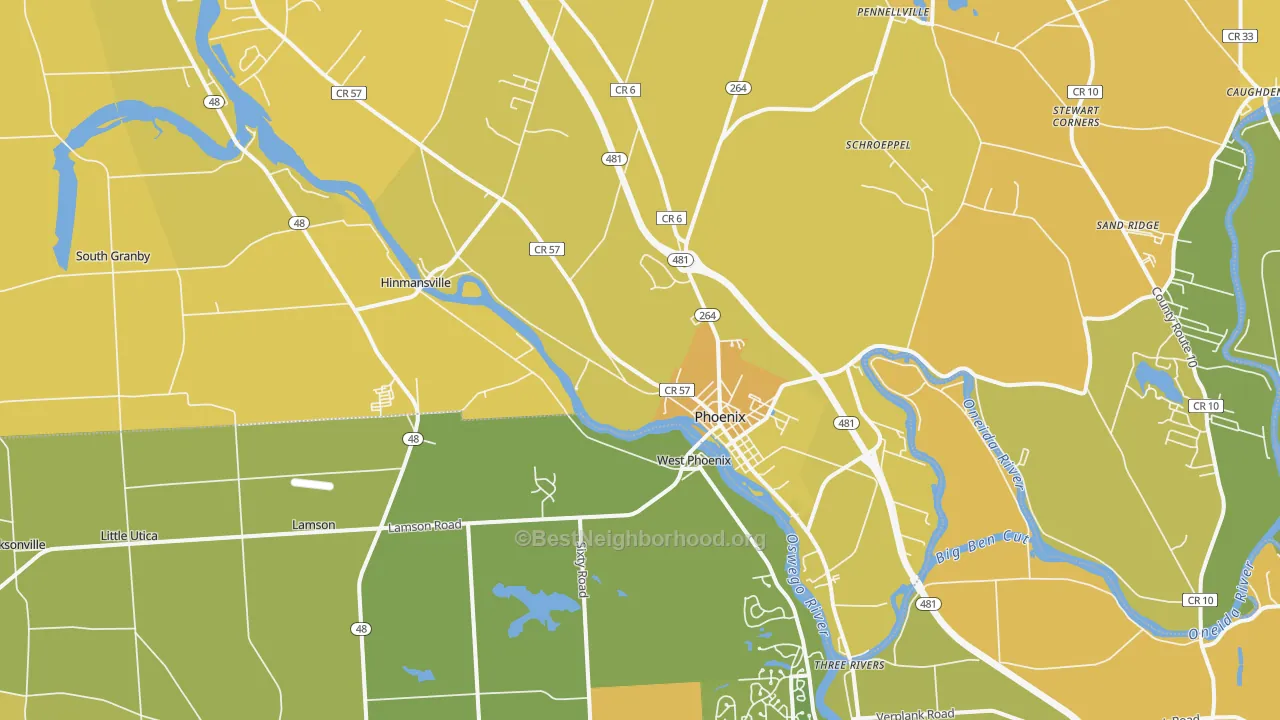 Map of the best neighborhoods in the 13135 area, with better matches in green and worse matches in red