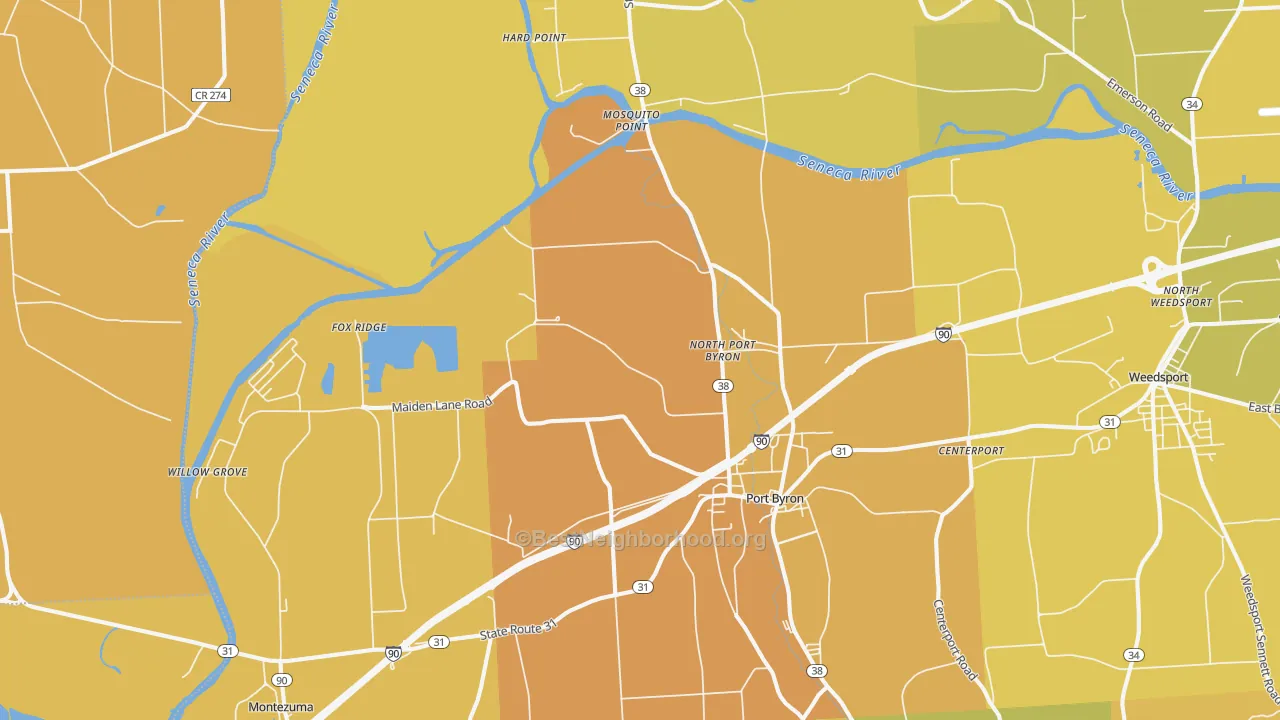 Map of the best neighborhoods in the 13140 area, with better matches in green and worse matches in red