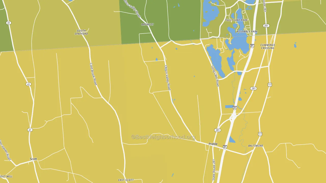 Map of the best neighborhoods in the 13141 area, with better matches in green and worse matches in red