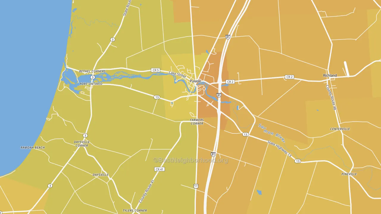 Map of the best neighborhoods in the 13142 area, with better matches in green and worse matches in red