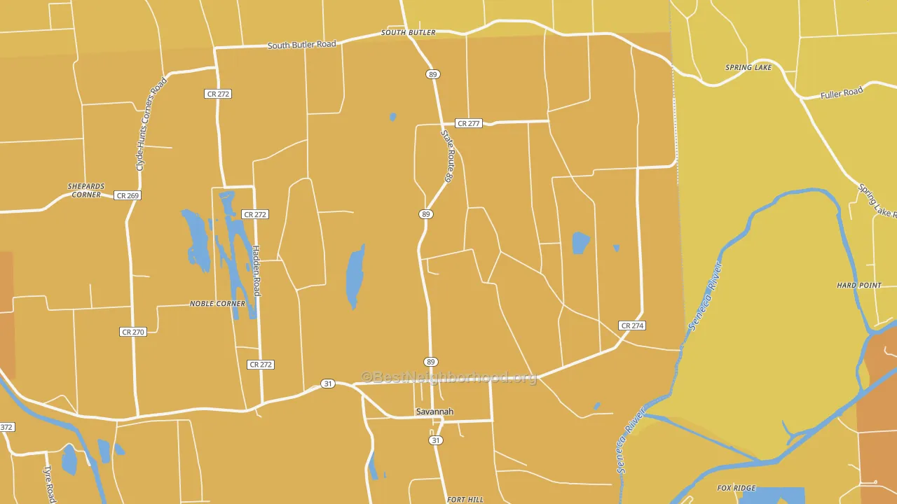 Map of the best neighborhoods in the 13146 area, with better matches in green and worse matches in red