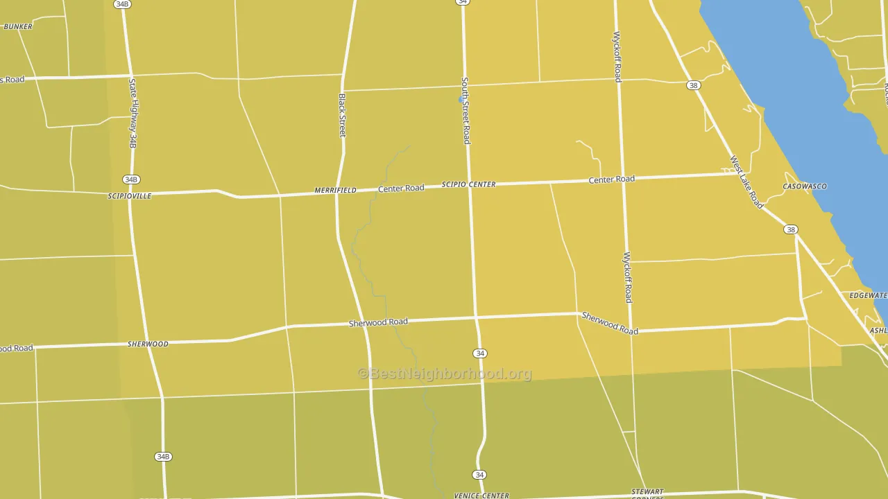 Map of the best neighborhoods in the 13147 area, with better matches in green and worse matches in red