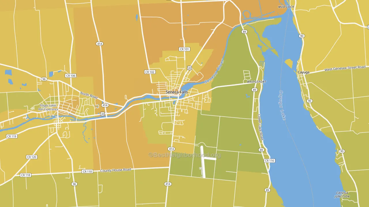 Map of the best neighborhoods in the 13148 area, with better matches in green and worse matches in red